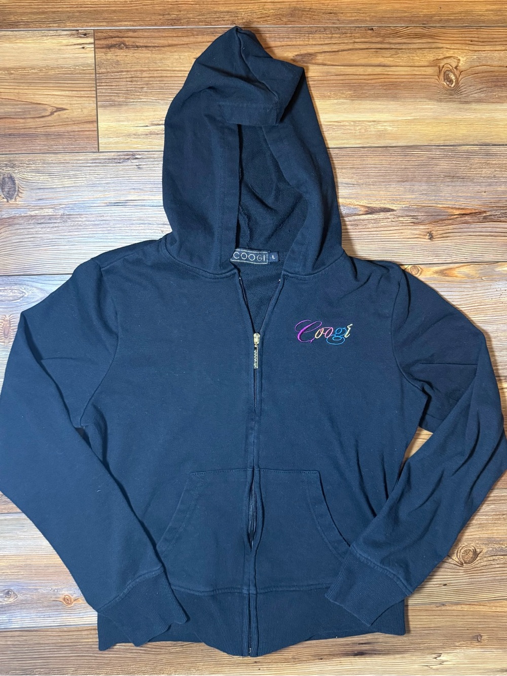 Coogi Hoodie Women L Black Zip Up Rhinestone Logo Graphic Streetwear